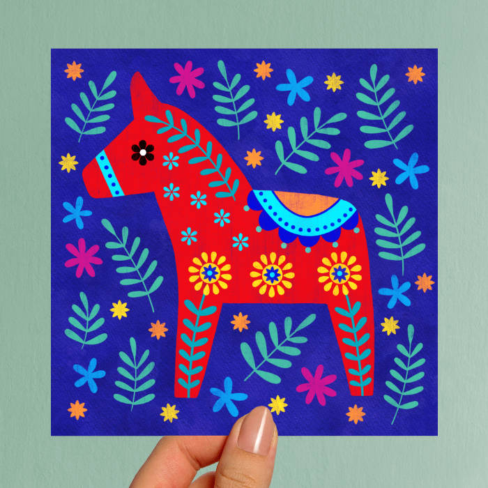 Kerstkaart dala paard blauw met rood